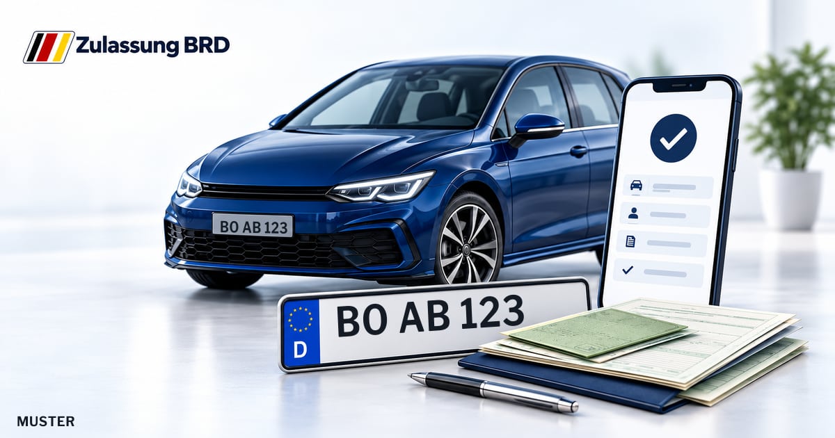 Online Fahrzeugzulassung in Bochum: Musterkennzeichen BO AB 123, Auto und Fahrzeugpapiere und Smartphone. Illustration mit Logo von Zulassung BRD.